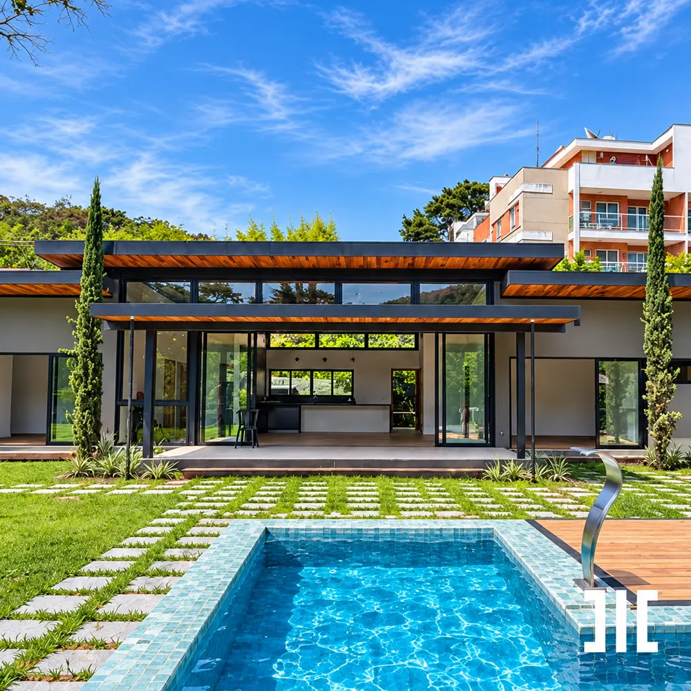 Casa térrea de linhas retas com piscina azul e caminho de pisos no gramado