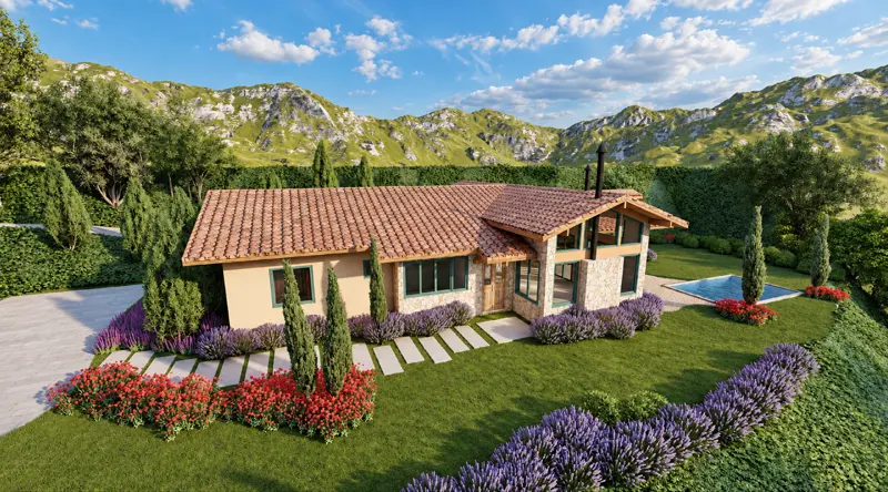 Renderização de casa com paredes de pedra, telhado cerâmico e jardim de lavandas com montanhas ao fundo
